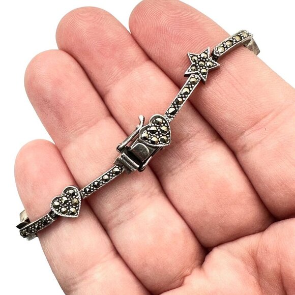 Womens Bracelet Sterling Silver Marcasite Star Heart Design 7 Inch - Picture 3 of 3